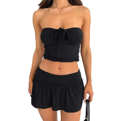 PICKLION Damen 2 Stück Y2k Outfits Casual Lounge Set Sommer Trägerloses Top und Rock Trainingsanzug XS-L, Schwarz , 38 von PICKLION