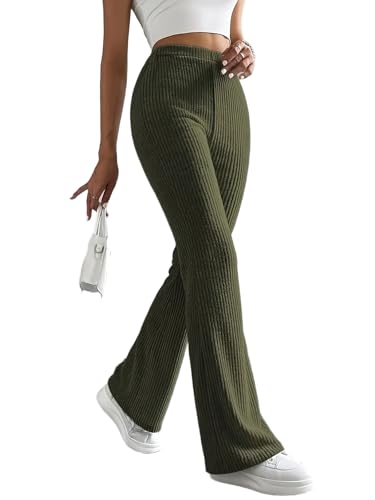 PICKLION Damen Hose High Waist Leggings Yogahose Schlaghose Causal Elastische Sporthose Outfit Bootcut Flared Geripptehose Grün XXL von PICKLION