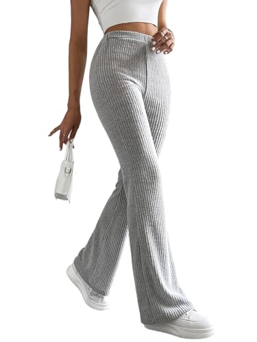 PICKLION Damen Hose High Waist Leggings Yogahose Schlaghose Causal Elastische Sporthose Outfit Bootcut Flared Geripptehose Hell Grau XXL von PICKLION
