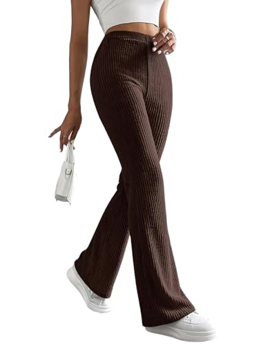 PICKLION Damen Hose High Waist Leggings Yogahose Schlaghose Causal Elastische Sporthose Outfit Bootcut Flared Geripptehose Kaffee XXL von PICKLION