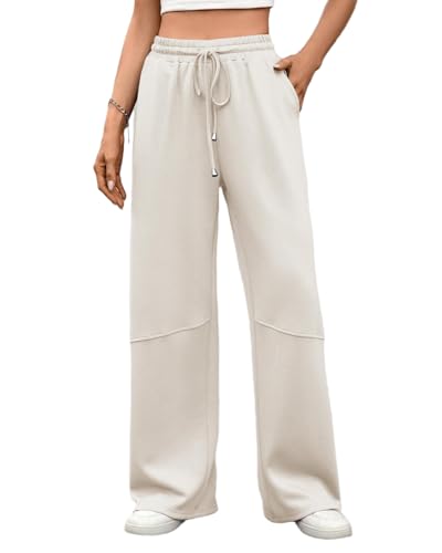 PICKLION Damen Hosen Weites Bein Track Pants Baggy Jogginghose mit Geradem Bein Freizeithose Hosen mit Taschen Aprikose L von PICKLION