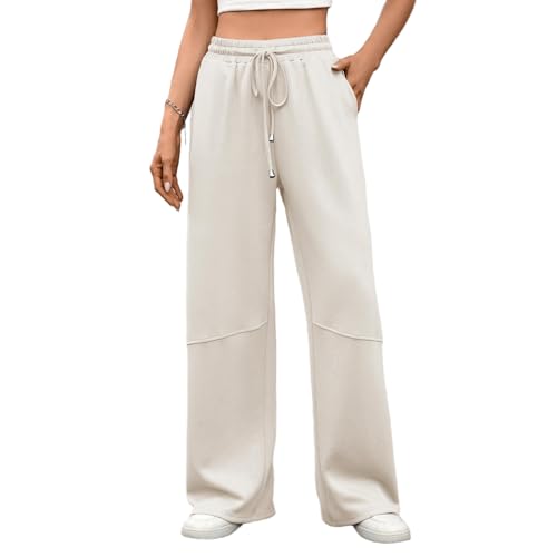 PICKLION Damen Hosen Weites Bein Track Pants Baggy Jogginghose mit Geradem Bein Freizeithose Hosen mit Taschen Aprikose S von PICKLION