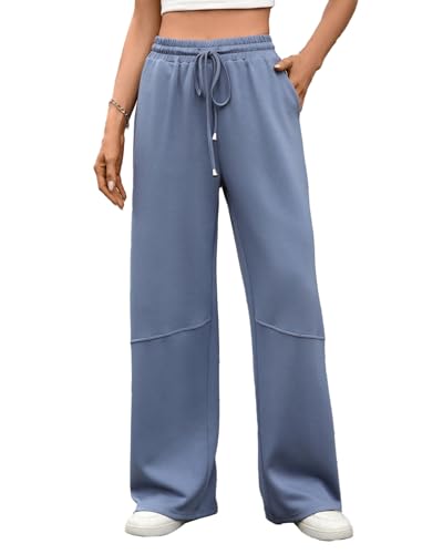 PICKLION Damen Hosen Weites Bein Track Pants Baggy Jogginghose mit Geradem Bein Freizeithose Hosen mit Taschen Blau M von PICKLION