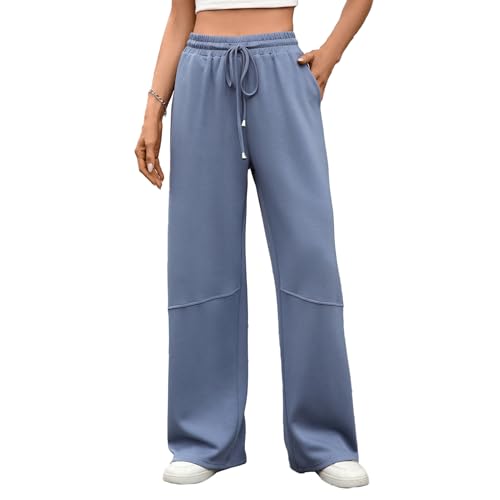 PICKLION Damen Hosen Weites Bein Track Pants Baggy Jogginghose mit Geradem Bein Freizeithose Hosen mit Taschen Blau XXL von PICKLION
