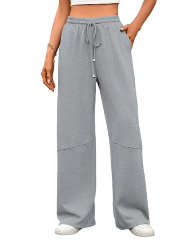 PICKLION Damen Hosen Weites Bein Track Pants Baggy Jogginghose mit Geradem Bein Freizeithose Hosen mit Taschen Grau S von PICKLION