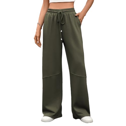 PICKLION Damen Hosen Weites Bein Track Pants Baggy Jogginghose mit Geradem Bein Freizeithose Hosen mit Taschen Grün S von PICKLION