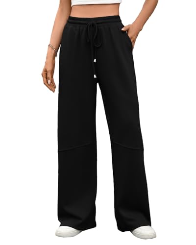 PICKLION Damen Hosen Weites Bein Track Pants Baggy Jogginghose mit Geradem Bein Freizeithose Hosen mit Taschen Schwarz L von PICKLION