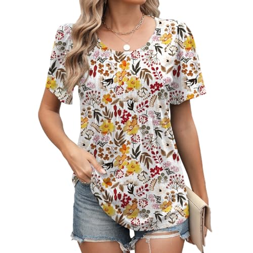 PICKLION Damen Kurzarm T Shirts Tops Sommer Plissiert Tunika Bluse Shirts Ruffle Rund Hals lose Blusen Tops für Damen FloralGelb L von PICKLION