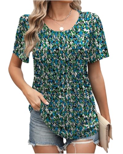 PICKLION Damen Kurzarm T Shirts Tops Sommer Plissiert Tunika Bluse Shirts Ruffle Rund Hals lose Blusen Tops für Damen FloralGrün XL von PICKLION