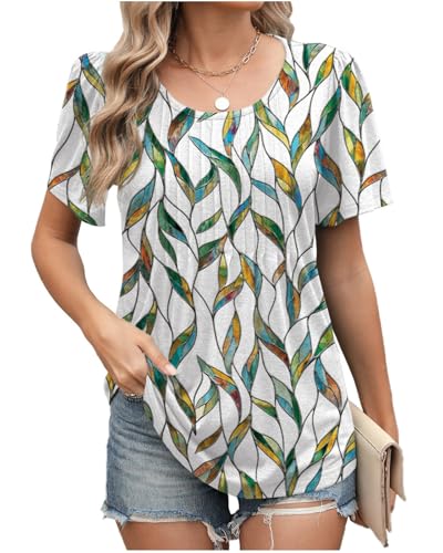 PICKLION Damen Kurzarm T Shirts Tops Sommer Plissiert Tunika Bluse Shirts Ruffle Rund Hals lose Blusen Tops für Damen FloralWeiß 2XL von PICKLION