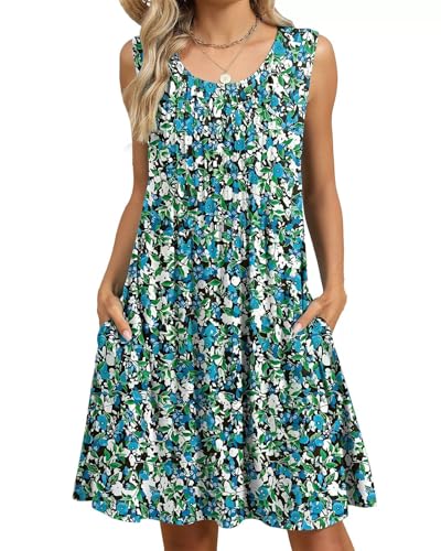 PICKLION Damen Sommerkleid Boho Damen Floral Ärmellos Strandkleider Midi-Kleider mit Taschen S-2XL FloralGrün L von PICKLION