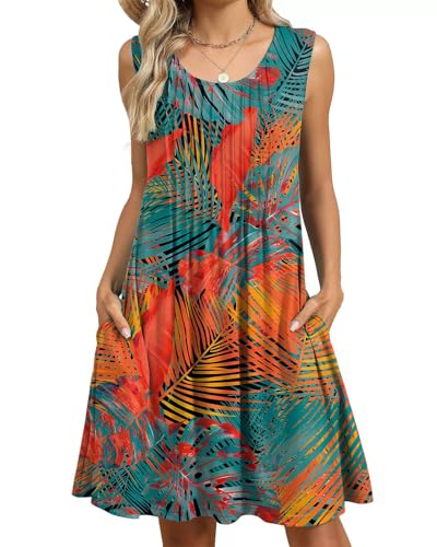 PICKLION Damen Sommerkleid Boho Damen Floral Ärmellos Strandkleider Midi Kleider mit Taschen S-2XL FloralOrange M von PICKLION