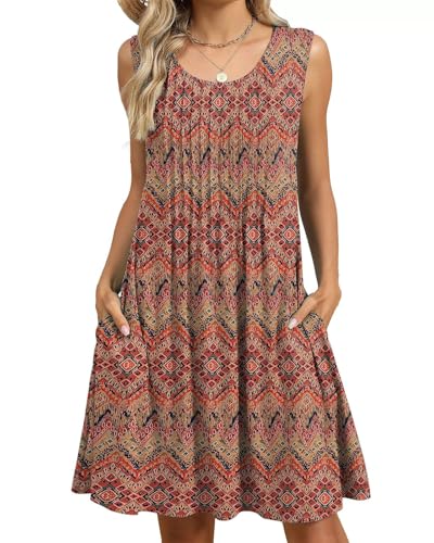 PICKLION Damen Sommerkleid Boho Damen Floral Ärmellos Strandkleider Midi Kleider mit Taschen S-2XL FloralRot S von PICKLION