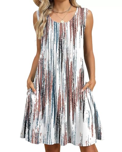 PICKLION Damen Sommerkleid Boho Damen Floral Ärmellos Strandkleider Midi-Kleider mit Taschen S-2XL GestreiftWeiß S von PICKLION