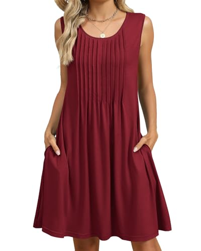 PICKLION Damen Sommerkleid Boho Damen Floral Ärmellos Strandkleider Midi-Kleider mit Taschen S-2XL Rot XL von PICKLION