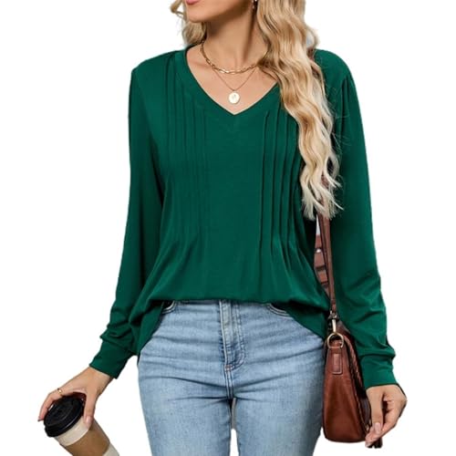 PICKLION Langarmshirt Damen T-Shirt Elegant V Ausschnitt Plissee Lässig Oberteile Einfarbig Longshirt Tunika Tops Grün XXL von PICKLION