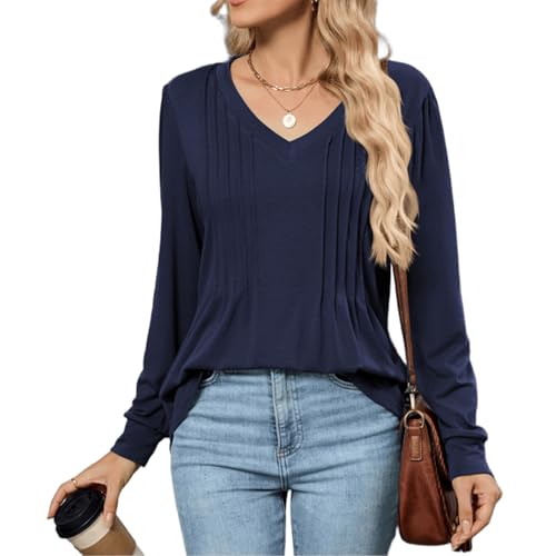 PICKLION Langarmshirt Damen T-Shirt Elegant V Ausschnitt Plissee Lässig Oberteile Einfarbig Longshirt Tunika Tops Marineblau XXL von PICKLION