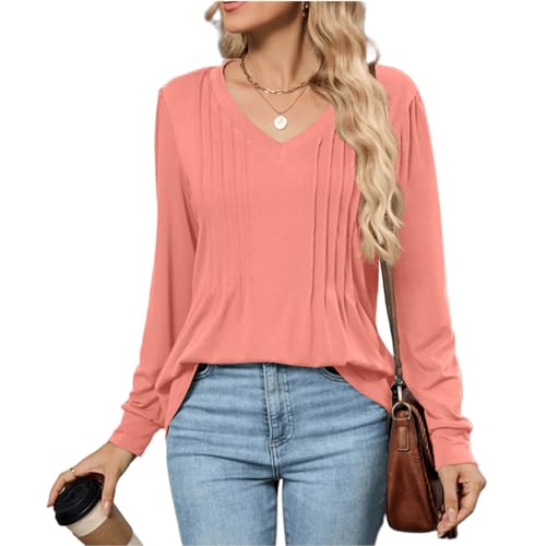 PICKLION Langarmshirt Damen T-Shirt Elegant V Ausschnitt Plissee Lässig Oberteile Einfarbig Longshirt Tunika Tops Rosa M von PICKLION