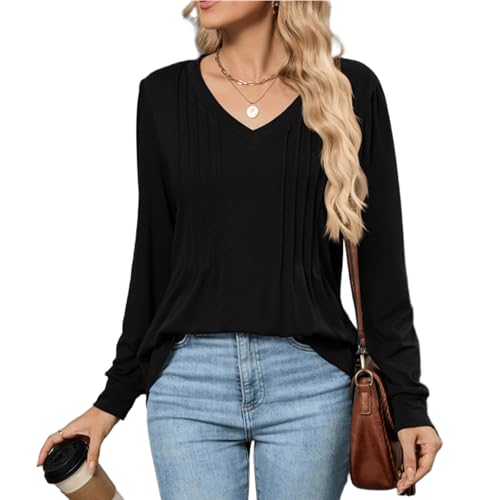 PICKLION Langarmshirt Damen T-Shirt Elegant V Ausschnitt Plissee Lässig Oberteile Einfarbig Longshirt Tunika Tops Schwarz M von PICKLION