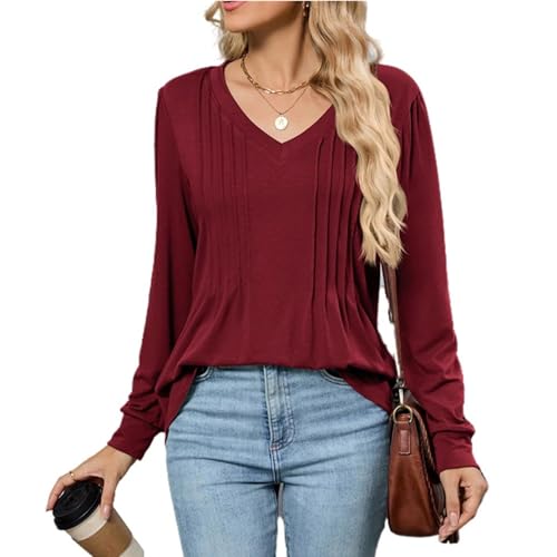 PICKLION Langarmshirt Damen T-Shirt Elegant V Ausschnitt Plissee Lässig Oberteile Einfarbig Longshirt Tunika Tops Weinrot XL von PICKLION