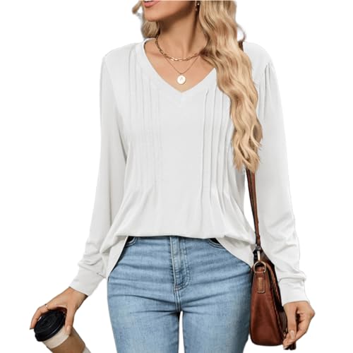 PICKLION Langarmshirt Damen T-Shirt Elegant V Ausschnitt Plissee Lässig Oberteile Einfarbig Longshirt Tunika Tops Weiß L von PICKLION