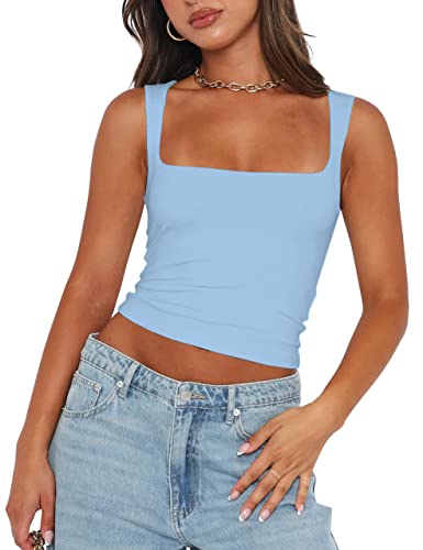 PICPUNMAK Damen Basic Square Neck Sleeveless Crop Tank Top Casual Solid Slim Fit Cropped Cami Weste Ausgehen Tops Camisole, Blau, Klein von PICPUNMAK