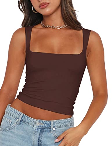 PICPUNMAK Damen Basic Square Neck Sleeveless Crop Tank Top Casual Solid Slim Fit Cropped Cami Weste Ausgehen Tops Camisole, Braun, Klein von PICPUNMAK