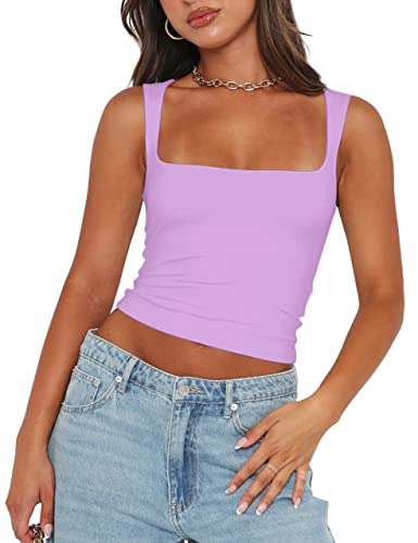 PICPUNMAK Damen Basic Square Neck Sleeveless Crop Tank Top Casual Solid Slim Fit Cropped Cami Weste Ausgehen Tops Camisole, Violett, Klein von PICPUNMAK