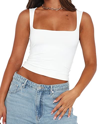 PICPUNMAK Damen Basic Square Neck Sleeveless Crop Tank Top Casual Solid Slim Fit Cropped Cami Weste Ausgehen Tops Camisole, Weiss/opulenter Garten, Klein von PICPUNMAK