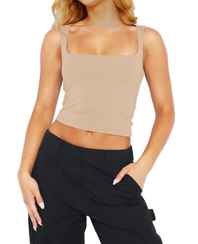 PICPUNMAK Damen Basic Square Neck Sleeveless Crop Tank Top Casual Solid Slim Fit Cropped Cami Weste Ausgehen Tops Camisole, aprikose, Mittel von PICPUNMAK