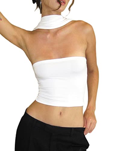 PICPUNMAK Frauen Sexy Trägerlos Neckholder Tube Top Aushöhlen Ärmellos Solide Schlank Bandeau Tops Schulterfrei Tank Weste Clubwear, Weiss/opulenter Garten, X-Klein von PICPUNMAK