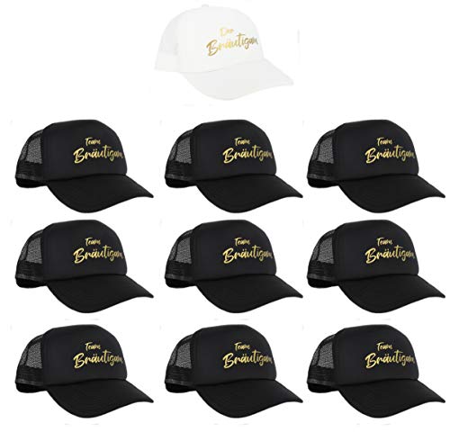 PICSonPAPER Mesh Cap Weiss mit Aufdruck Der Bräutigam und 9 Schwarze mit goldenem Aufdruck Team Bräutigam, JGA Accessoires Männer, Accessoires für Junggesellenabschied (10) von Deqosy