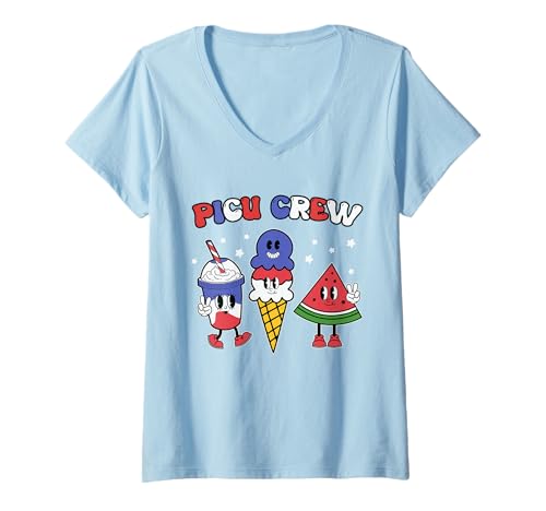 Damen PICU Crew Patriotic Snacks Shirt, Kinderkrankenschwester, USA T-Shirt mit V-Ausschnitt Damen PICU Crew Patriotic Snacks Shirt, Kinderkrankenschwester, USA T-Shirt mit V-Ausschnitt von PICU Crew Patriotic Snacks Tee Shirts