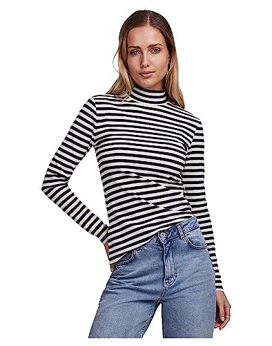 Bestseller A/S Damen Pcruka Ls T-Neck Top Noos Bc T-Shirt, Cloud Dancer/Stripes:Black, S EU von PIECES