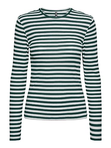 PIECES Damen T-Shirt,Trekking Green/Stripes:Cloud Dancer,L von PIECES