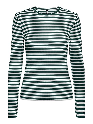 PIECES Damen T-Shirt,Trekking Green/Stripes:Cloud Dancer,L von PIECES