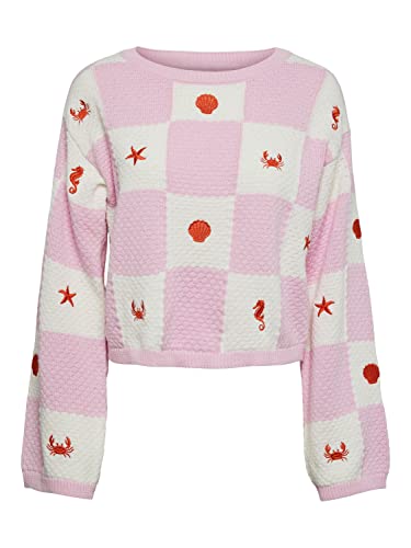 PIECES Damen Pckua Ls Cropped Boat Neck Knit, Pink Lady/Pattern:cdan-Embroidery Scarlet Ibis, M von PIECES