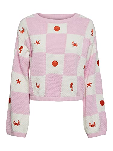 PIECES Damen Pckua Ls Cropped Boat Neck Knit, Pink Lady/Pattern:cdan-Embroidery Scarlet Ibis, S von PIECES