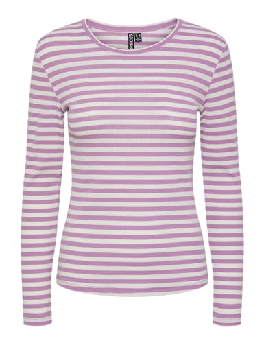 PIECES Damen Langarmshirt,Pastel Lavender/Stripes:Cloud Dancer,L von PIECES