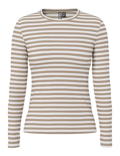 PIECES Damen T-Shirt,Silver Mink/Stripes:Cloud Dancer,XL von PIECES