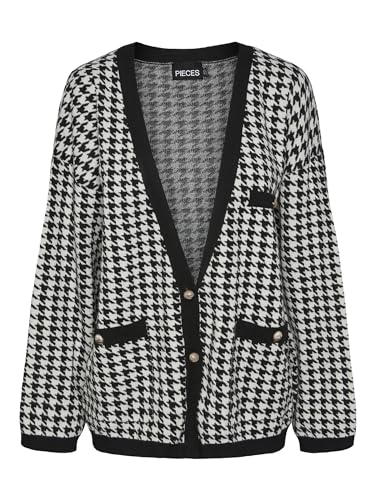 PIECES Damen PCSUIA LS Oversize Knit Shacket PA Strickjacke, Black/Checks:cloud Dancer ,M von PIECES