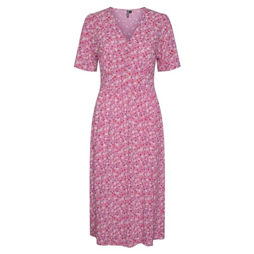 PIECES Damen Pctala Ss Midi Dress Noos Bc, Hot Pink/AOP:Multi Flower,S von PIECES