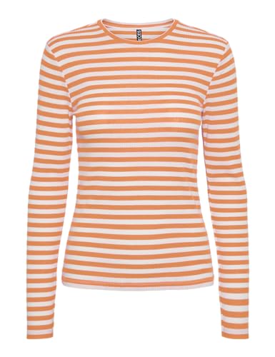 PIECES Damen Langarmshirt,Tangerine/Stripes:Cloud Dancer,L von PIECES