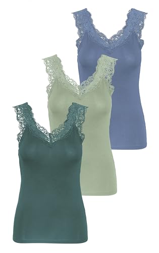 PIECES Damen PCBARBERA LACE TOP Spitzentop,3-Pack, Desert Sage/3-PACK Desert-BALS, M von PIECES