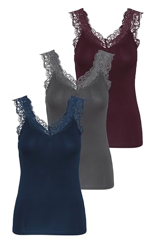 PIECES Damen PCBARBERA LACE TOP Spitzentop,3-Pack, Port Royale/3-PACK Port-PAGEAN, L von PIECES