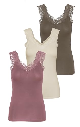 PIECES Damen PCBARBERA LACE TOP Spitzentop,3-Pack, Walnut/3-PACK Walnut-Birch-ROS, L von PIECES