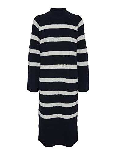 PIECES Damen Pcbaia Ls Os High Neck Knit Dress Bc, Sky Captain/Stripes:Cloud Dancer, XS von PIECES