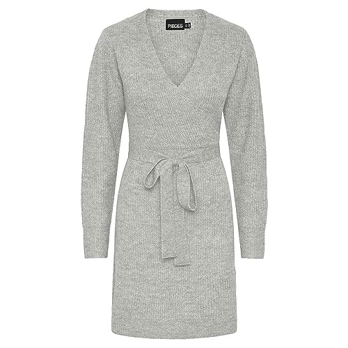 PIECES Damen Pcellen Ls Wrap Knit Dress Noos Bc, Light Grey Melange, L von PIECES