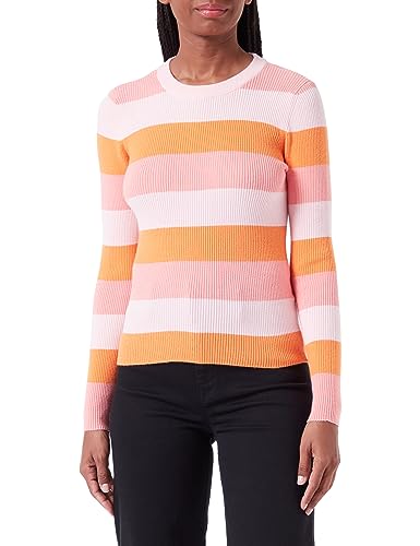 PIECES Damen Pcjuba Ls O-neck Knit Bc, Flamingo Pink/Stripes:rose Shadow + Tangerine, L von PIECES