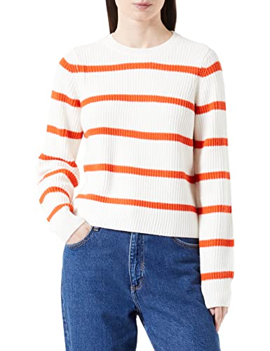 PIECES Damen Pcosilla O-neck Knit Noos Bc Pullover, Cloud Dancer/Stripes:tangerine Tango, S EU von PIECES